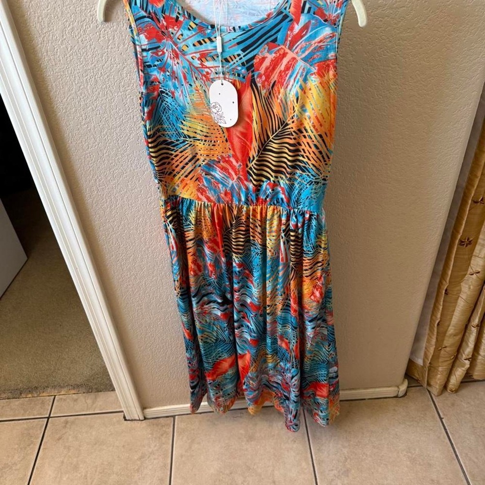 Tropical Palm Leaf Print Sleeveless Midi Dress Blue Orange Small NWT